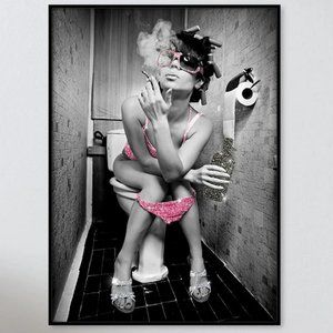 Small Bath Print on Canvas Woman on Throne Black & White Pink Detail Humor Funny